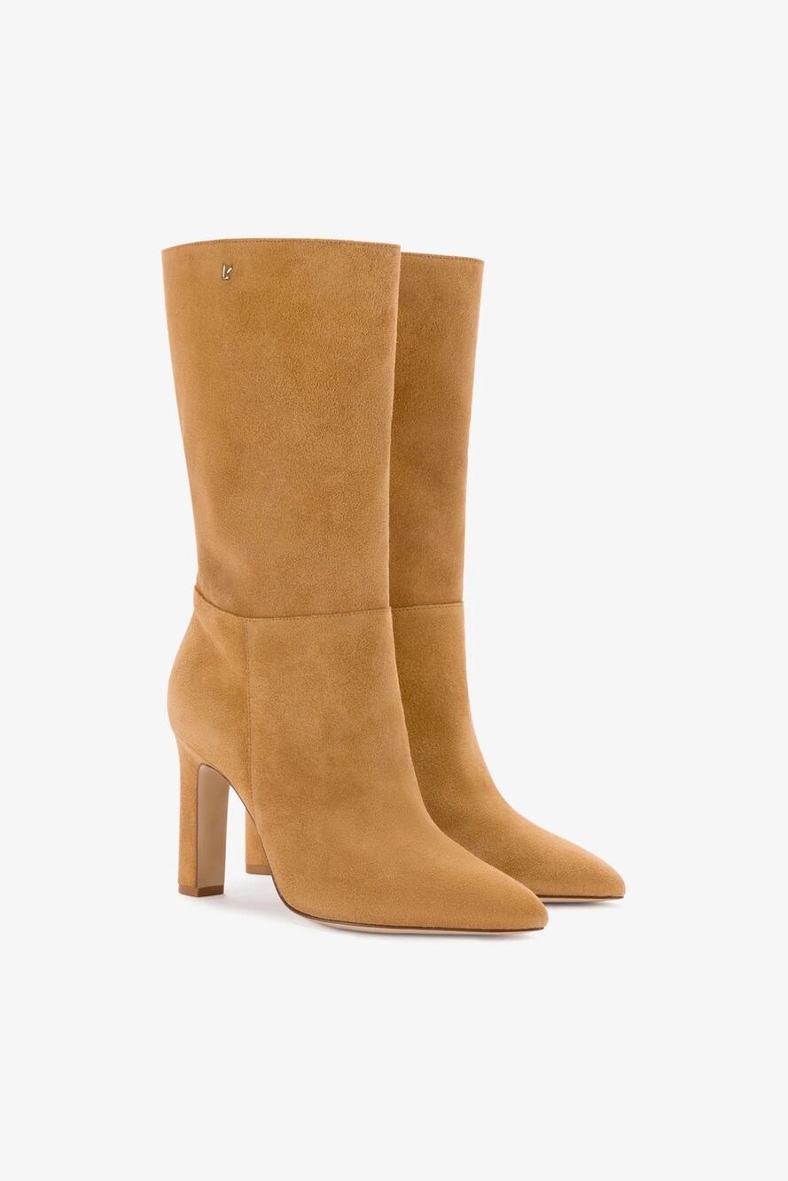 Larroude Cindy Brown Cowhide Suede Pointed Toe High Heel Boots Womens 8